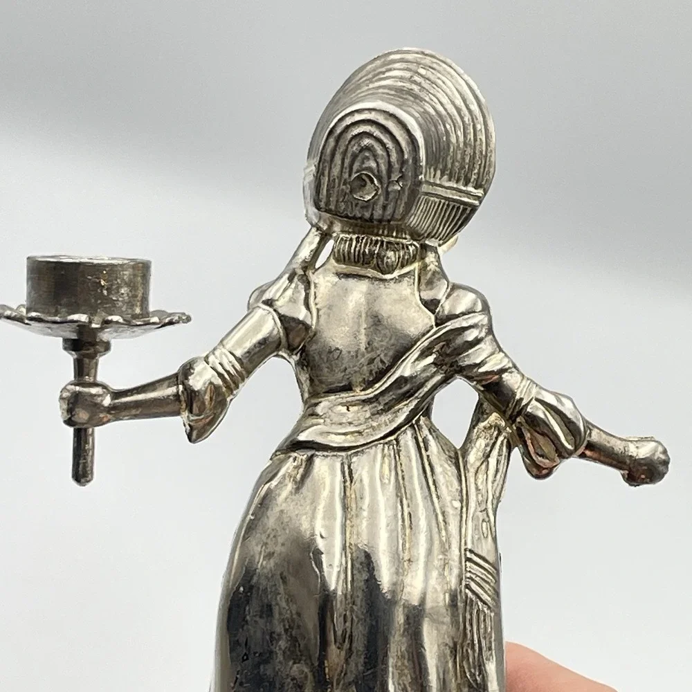 Vintage 1980s Silver Tone Victorian Lady Candle Holder Figurine 4